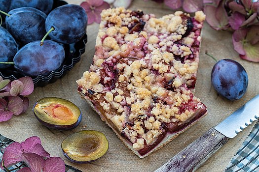 Zwetschgendatschi Pflaumenkuchen mit Butterstreuseln und frische Zwetschgen